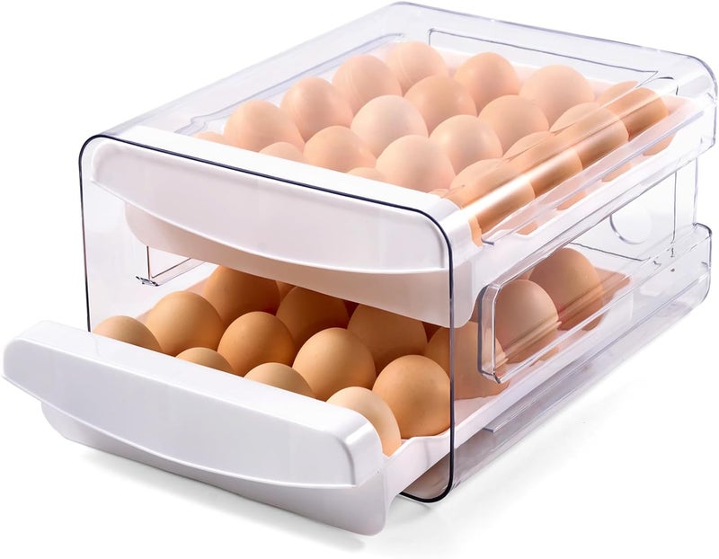 Luckore Egg Container Holders Dispenser for Refrigerator 40 Eggs, 2 Tier Clear Stackable Holder Tray with Drawer for Fridge, Storage Container with Handles for Refrigerator, Countertop - Image 1
